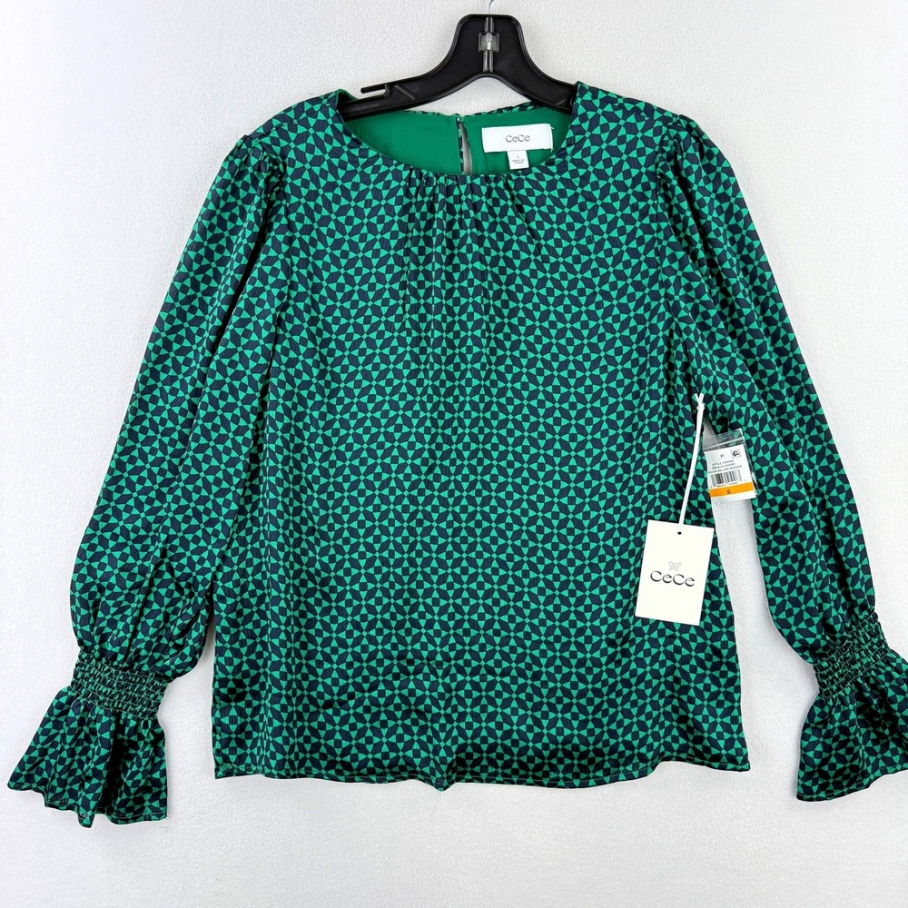 CeCe Top Size S Womens Meadow Green Geo Pattern Long Sleeve Blouse